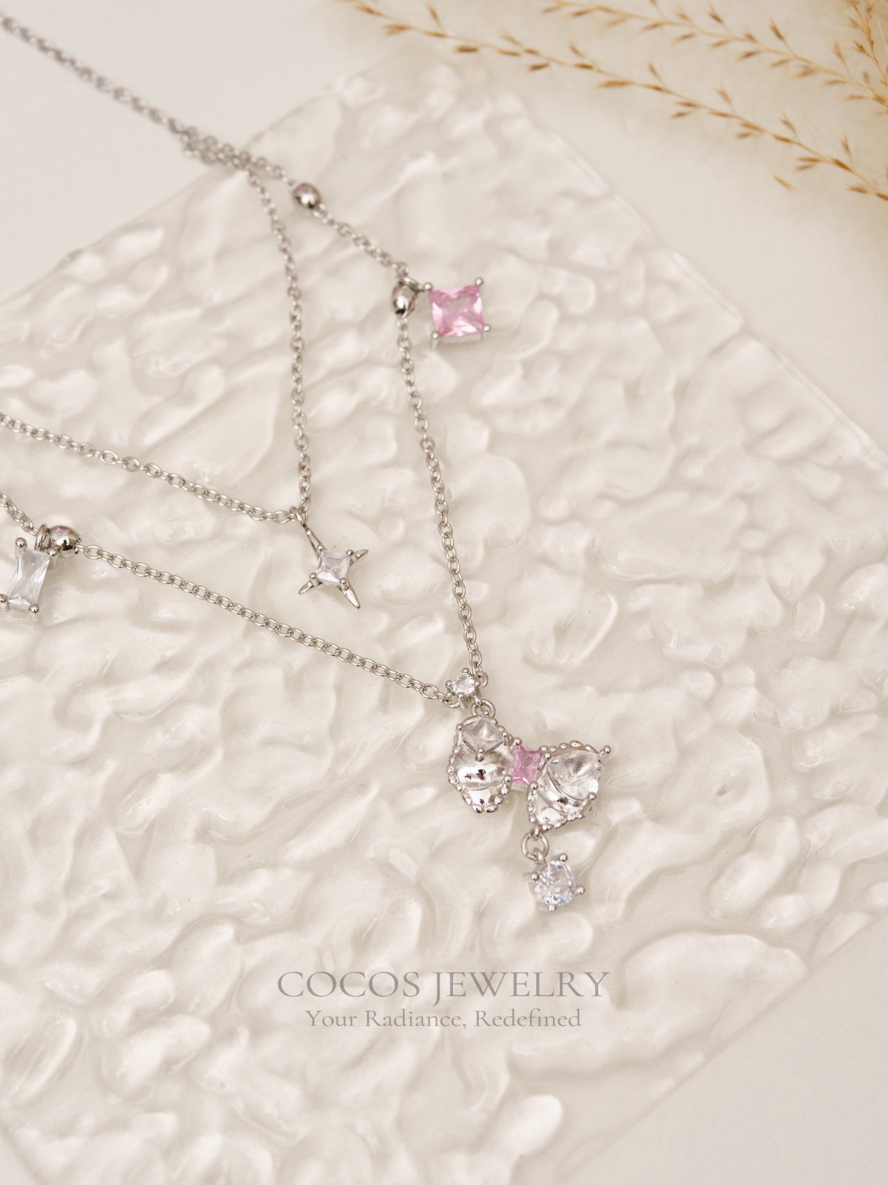 S925 Pink Bow Double Layers Necklace
