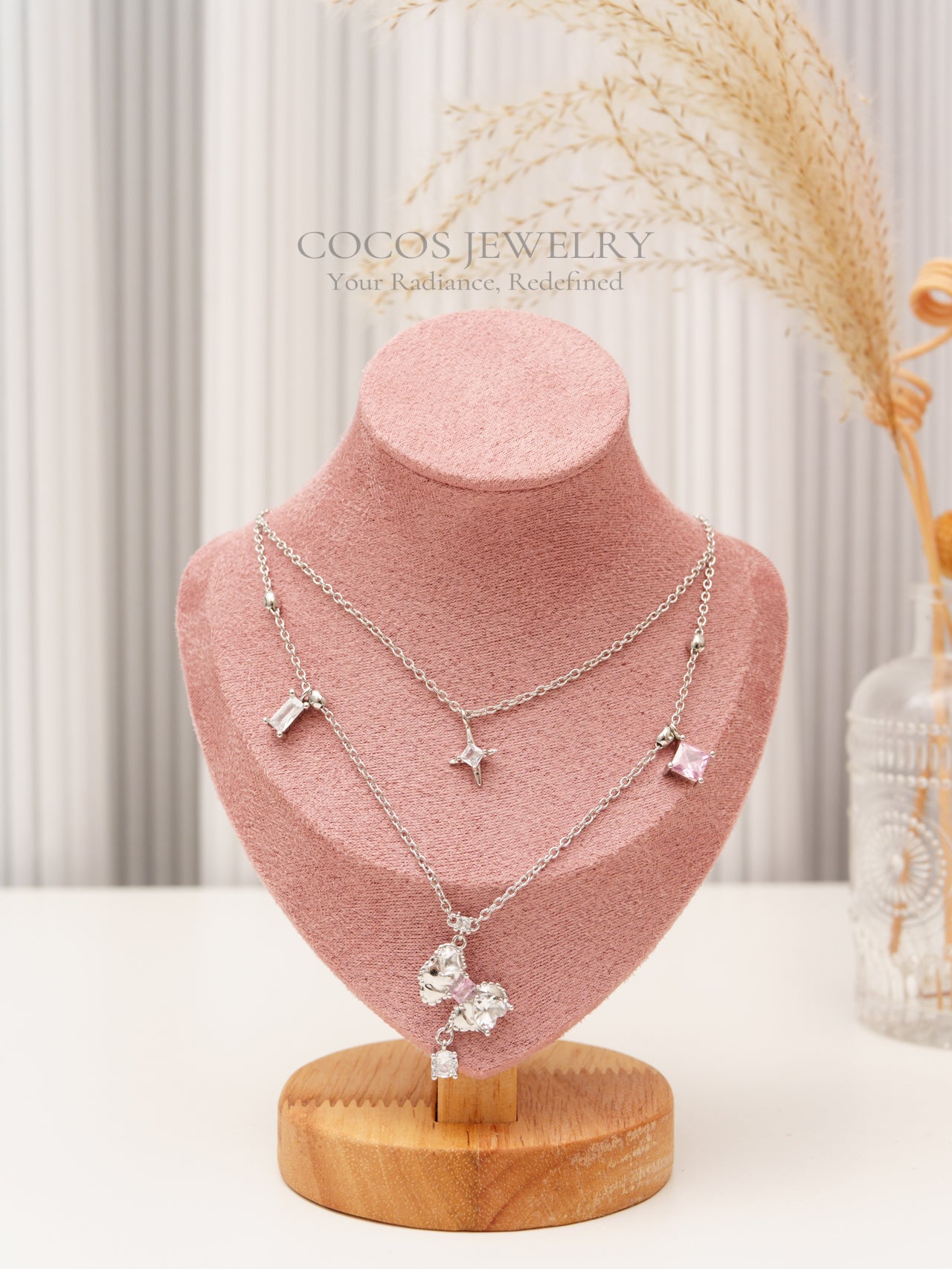S925 Pink Bow Double Layers Necklace